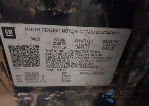 2020 Chevrolet Equinox Awd Lt 1.5L Turbo z USA, uszkodzony, nr VIN 2GNAXUEV7L6103429